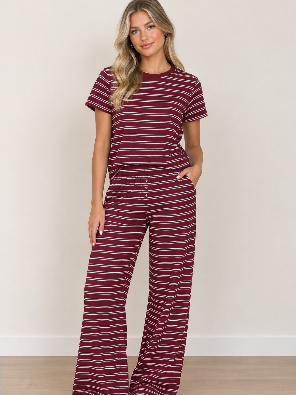 NWT Sundry Striped Burgundy Wide-Leg and Baby Tee Sweat Set